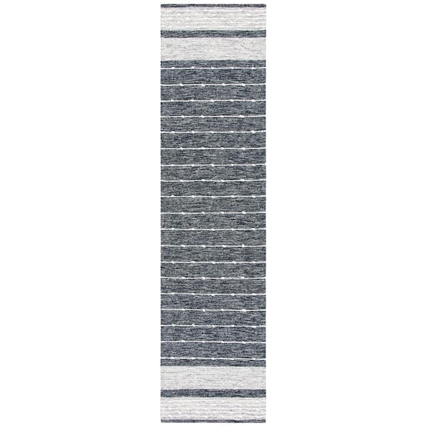 Striped Kilim 2 ft. x 13 ft. Black/Ivory Striped Runner Rug