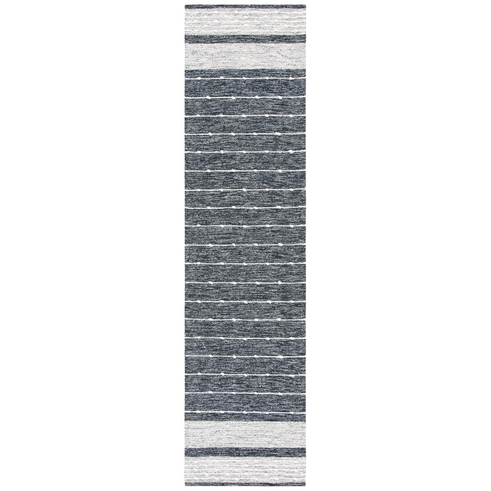 Black and Ivory Wool Handwoven Striped Kilim Rug