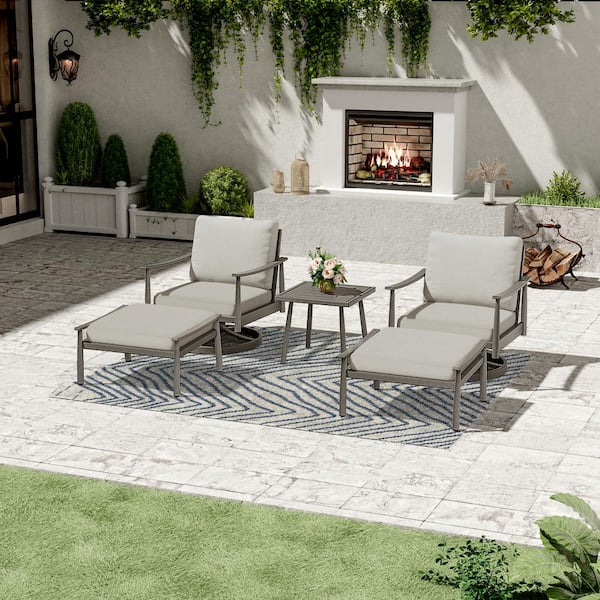 5-Piece Aluminum Patio Conversation Set with 2 Swivel Chairs, End Table and Gray Cushions
