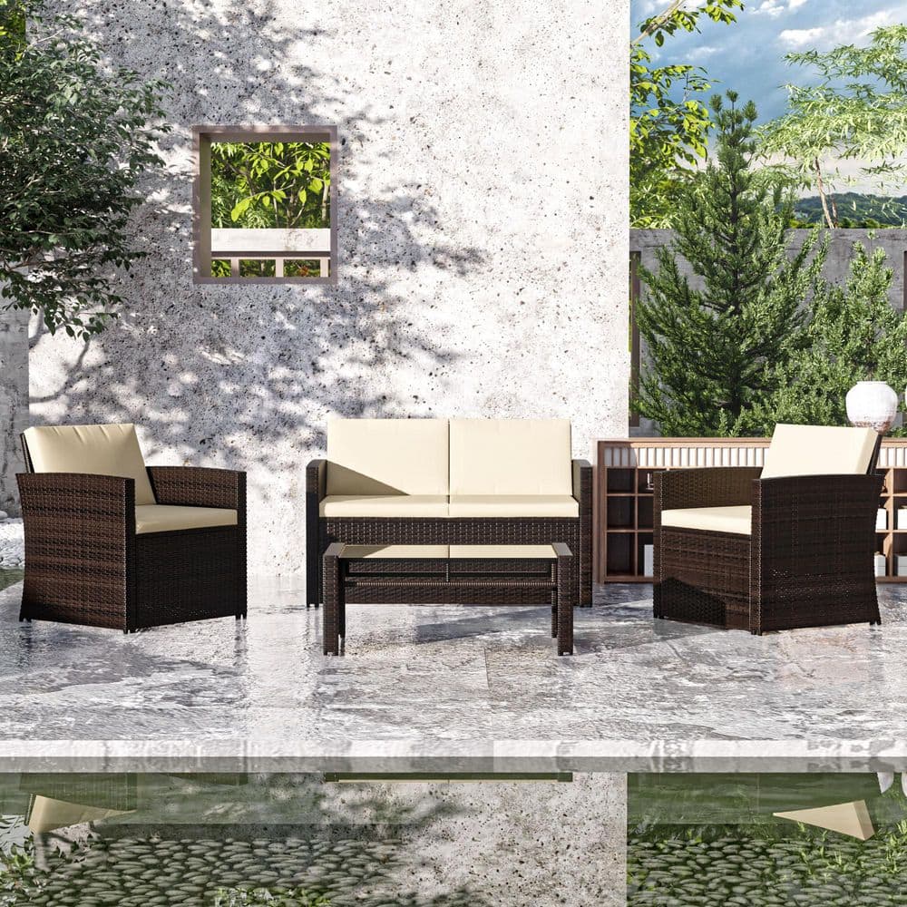 4-Piece Wicker Outdoor Patio Conversation Set with Beige Cushions and Coffee Table price history on PriceWatchPro