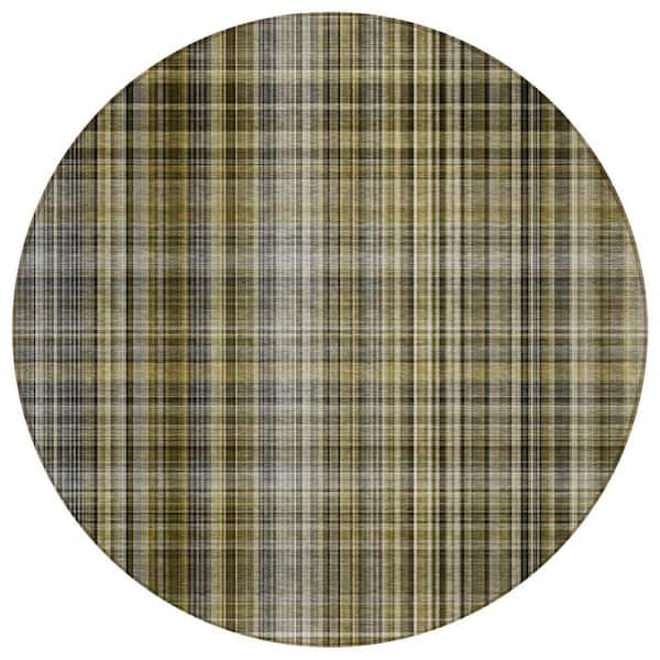 Green, Beige, Gray 8 ft. x 8 ft. Woven Plaid Polyester Round Indoor / Outdoor Area Rug