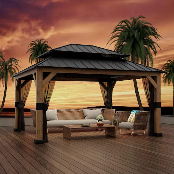 GAZEBEST 13 ft. x 11 ft. Double Galvanized Steel Roof Cedar Wood