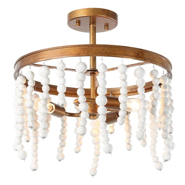 14.2 in. 3-Light Antique Gold Semi-Flush Mount Light with Weathered White Wood Beads