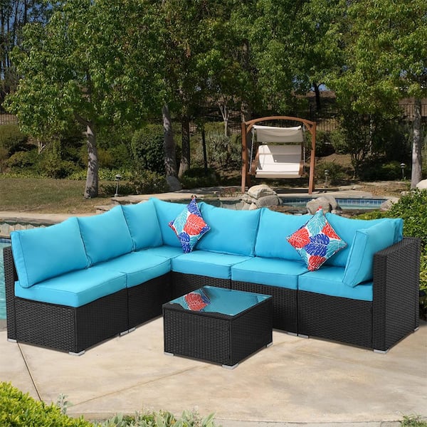 Cascia Black 7-Piece Wicker Patio Conversation Set with Blue Cushions