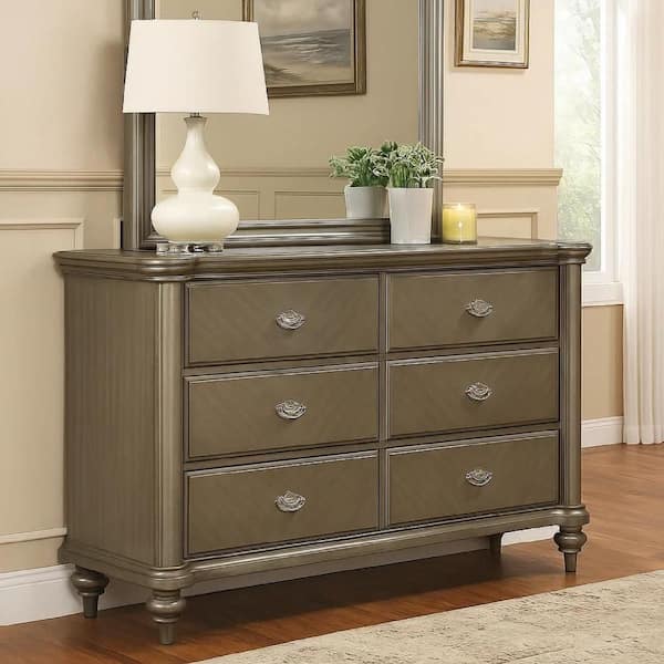 Benjara Brown 6-Drawer Classic Pine Wood Dresser with Chevron Pattern