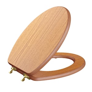 Decorative Wood Elongated Closed Front Toilet Seat with Cover and Brass Hinge in Light Oak