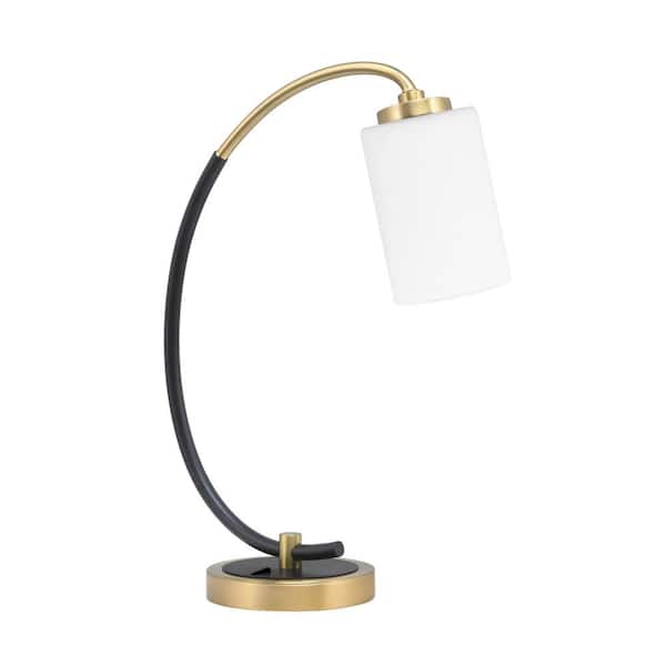 Unbranded Delgado 18.25 in. Matte Black and New Age Brass Accent Desk Lamp with White Muslin Glass Shade