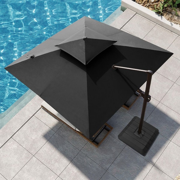 Pellebant 11 ft. Square Aluminum Outdoor Cantilever Offset Tilt 360° Rotation Patio Umbrella in Black with 240 lbs. Fillable Base