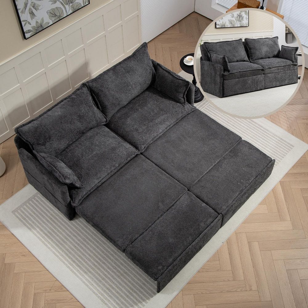 Grey 73.6 in. Corduroy Convertible Sleeper Sofa Bed Couch with Side Storage