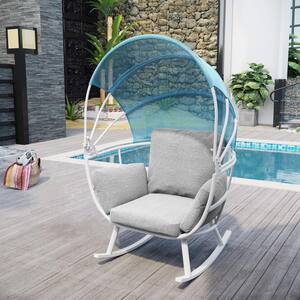 White Rocking Aluminum Outdoor Egg Lounge Chair with Gray Cushion and Folding Canopy