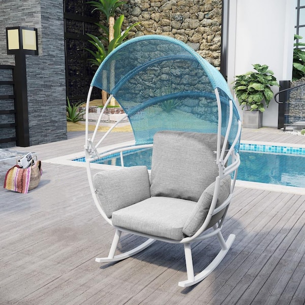 Pellebant White Rocking Aluminum Outdoor Egg Lounge Chair with Gray Cushion and Folding Canopy