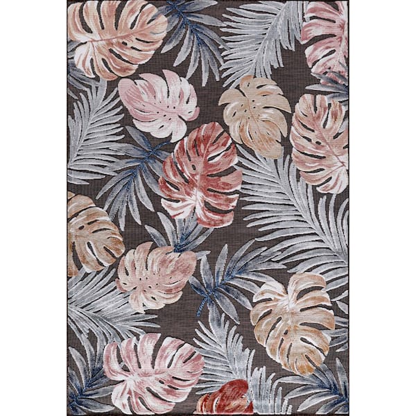 Bloom Brown 8 ft. x 10 ft. Leaf Tropical Botanical Indoor/Outdoor Area Rug
