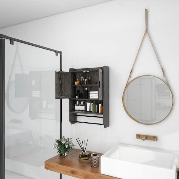 21 in. W x 32.5 in. H Rectangular Black Engineered Wood Surface Mount Medicine Cabinet without Mirror, with Towels Bar