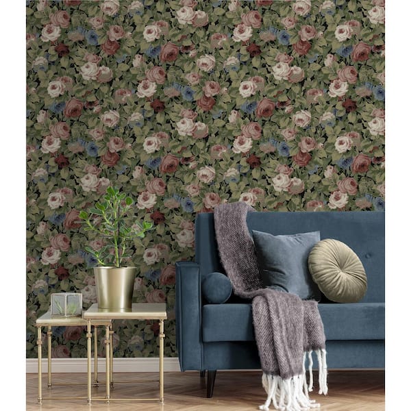 30.75 sq. ft. Olive and Wine Rose Garden Vinyl Peel and Stick Wallpaper Roll
