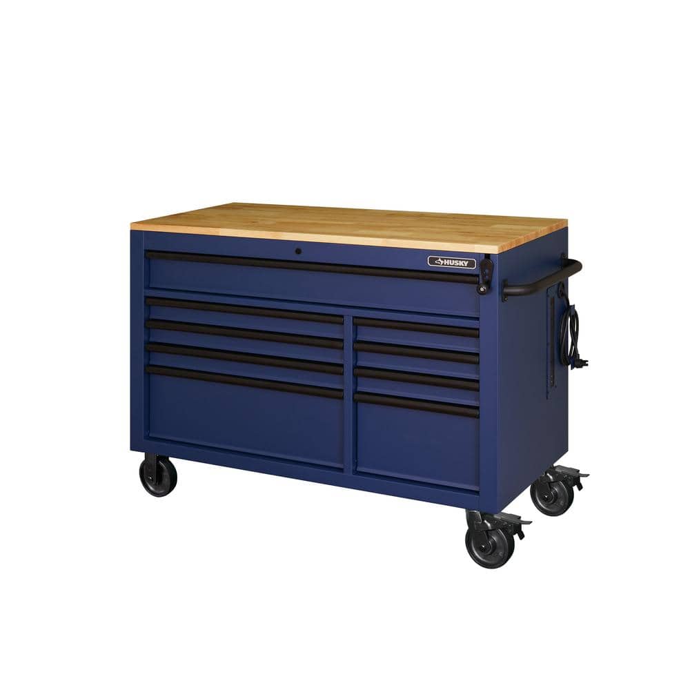 Husky 52 in. W x 25 in. D Heavy Duty 9-Drawer Mobile Workbench Tool Chest with Adjustable-Height Solid Wood Top in Matte Blue, Matte Blue with Black Trim -  HOLC5209BL1M
