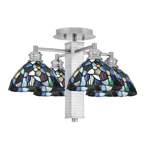 Albany 18.25 in. 4-Light Brushed Nickel Semi-Flush with Blue Mosaic Art Glass Shades