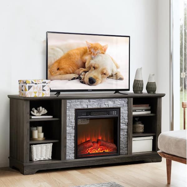 58 in. W Freestanding Wooden Modern Electric Fireplace TV Stand with Faux Stacked Stone Surround in Grey