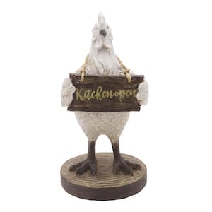 12 in. Polyresin Multi Color Chicken Holding  "Kitchen Open" Sign Figurine