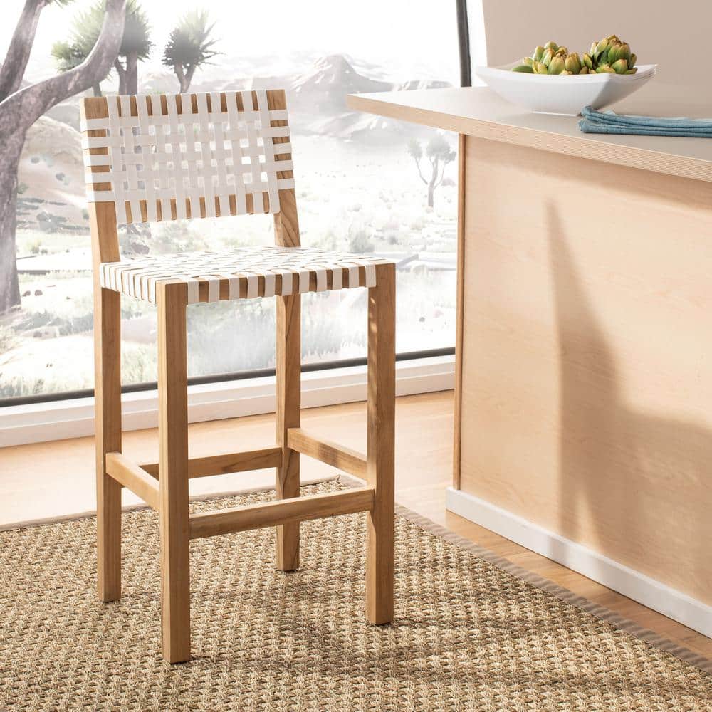 Natural Teak and White Leather Counter Stool