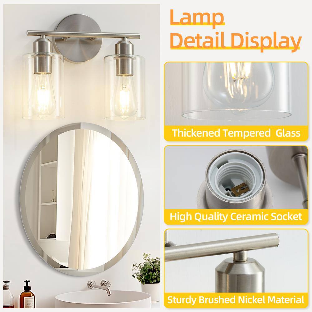 Brushed Nickel 2-Light Vanity Fixture with Clear Glass Shades