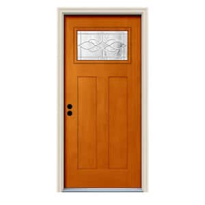 36 in. x 80 in. Saffron Right-Hand 1-Lite Craftsman Carillon Stained Fiberglass Prehung Front Door with Brickmould