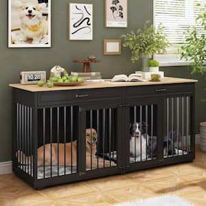 Large Dog Kennels Crate Furniture with 2-Drawers, Indoor Wooden Double Dog House Cage for Small Medium Large Dogs, Black