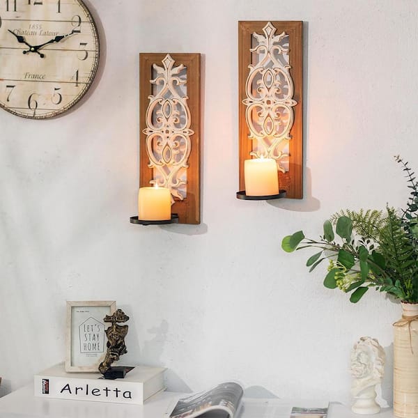 Rustic Wood Candle Sconces Wall Decor, Farmhouse Wall Candle Holder  Decorative Carved Brown Candle Sconce(Set of 2) AVQXLQDB - The Home Depot