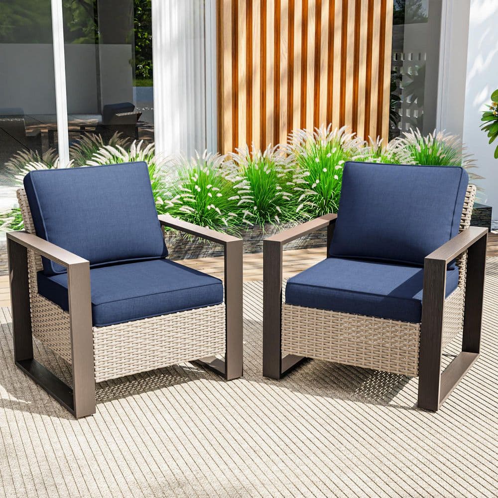Wicker Patio Outdoor Lounge Chairs with Metal Frame Armrests and Deep Blue Cushions (2-Pack) price history on PriceWatchPro
