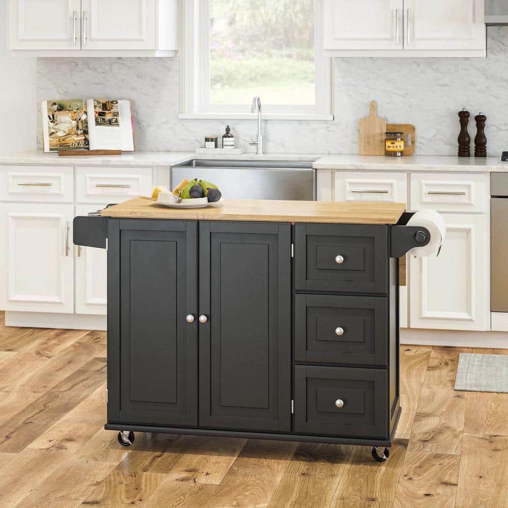 Black Wood Kitchen Cart with Drop Leaf and Storage