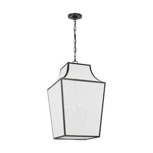 Arnio Extra Large 4-Light Aged Iron Hanging Pendant Light with White Linen Fabric Shade