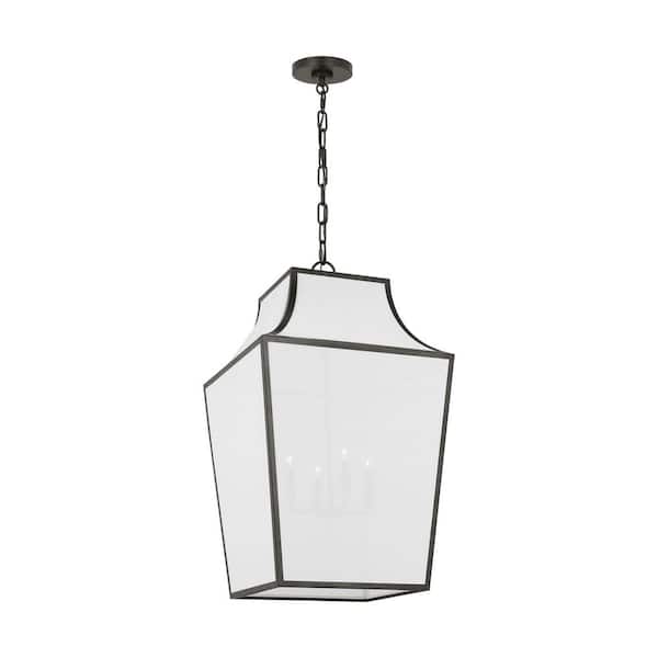 Generation Lighting Arnio Extra Large 4-Light Aged Iron Hanging Pendant Light with White Linen Fabric Shade
