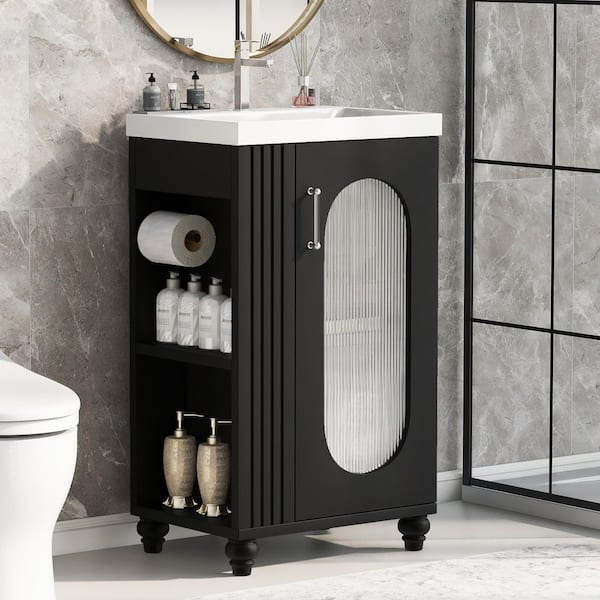 Magic Home 20 in. x 15.6 in. x 33 in. Modern Freestanding Bathroom Vanity Storage Cabinet in Black with White Caremic Top