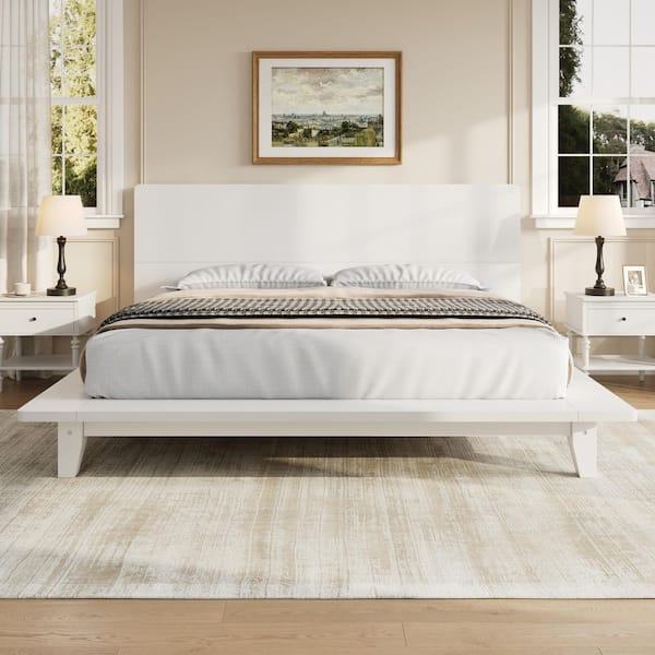 White Pine Wood Frame Queen Platform Bed with Headboard and Wood Slat Support
