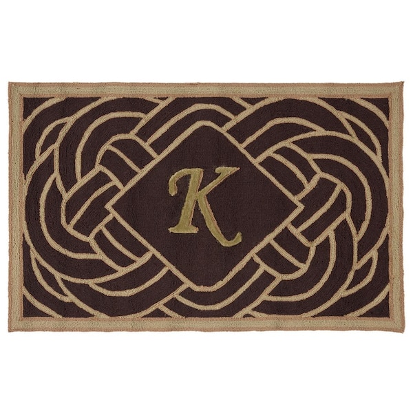 Monogram Chocolate 3 ft. x 4 ft. "K" Ornate Swirl Indoor/Outdoor Area Rug
