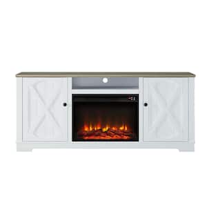 70 in. Farmhouse Wooden TV Stand with Electric Fireplace in White for TVs up to 70 in.