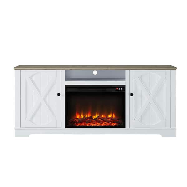 FESTIVO 70 in. Farmhouse Wooden TV Stand with Electric Fireplace in Off White for TVs up to 70 in.