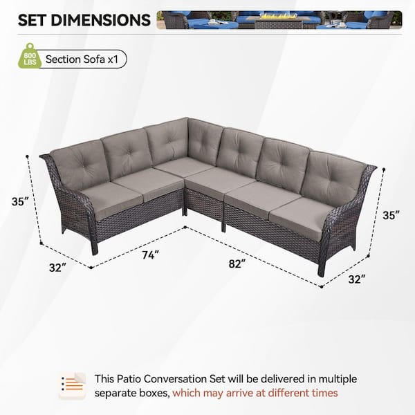 2-Piece Brown Wicker Outdoor Sectional Set with Olefin Gray Cushions/L-Shaped Sofa for Patio Furniture
