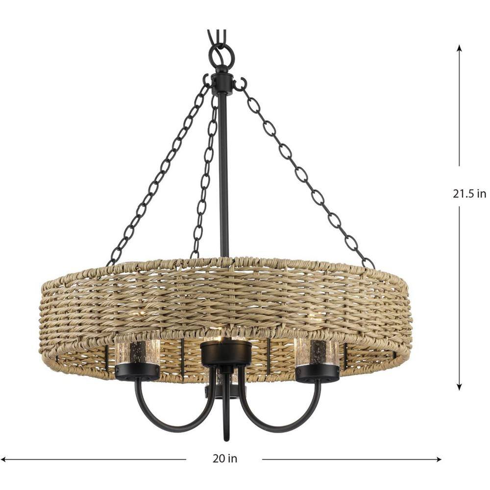 Pembroke Matte Black Outdoor Chandelier with Mocha Rattan and Seeded Glass