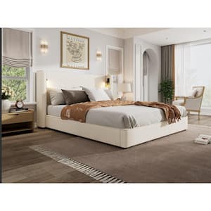 Arbor Beige Upholstered Wood Frame King Size Platform Bed with High Wingback Headboard, Reading Lamp, USB port