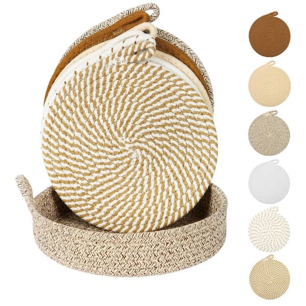 6-Piece Cotton Multi-Color Machine Washable Trivets Hot Pads with Storage Basket for Hot Dishes and Pots