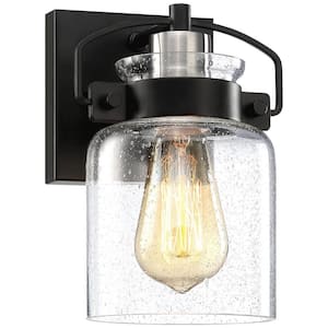 Dean 6 in. 1-Light Black Bathroom Wall Sconce with Seeded Glass Shade