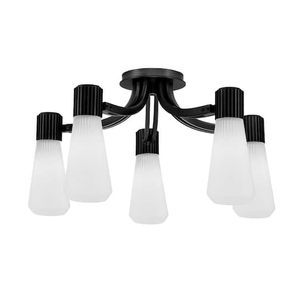 Bryer 23.25 in. 5 Light Matte Black Semi Flush Mount with 4" White Opal Ribbed Glass Shades, No bulb included