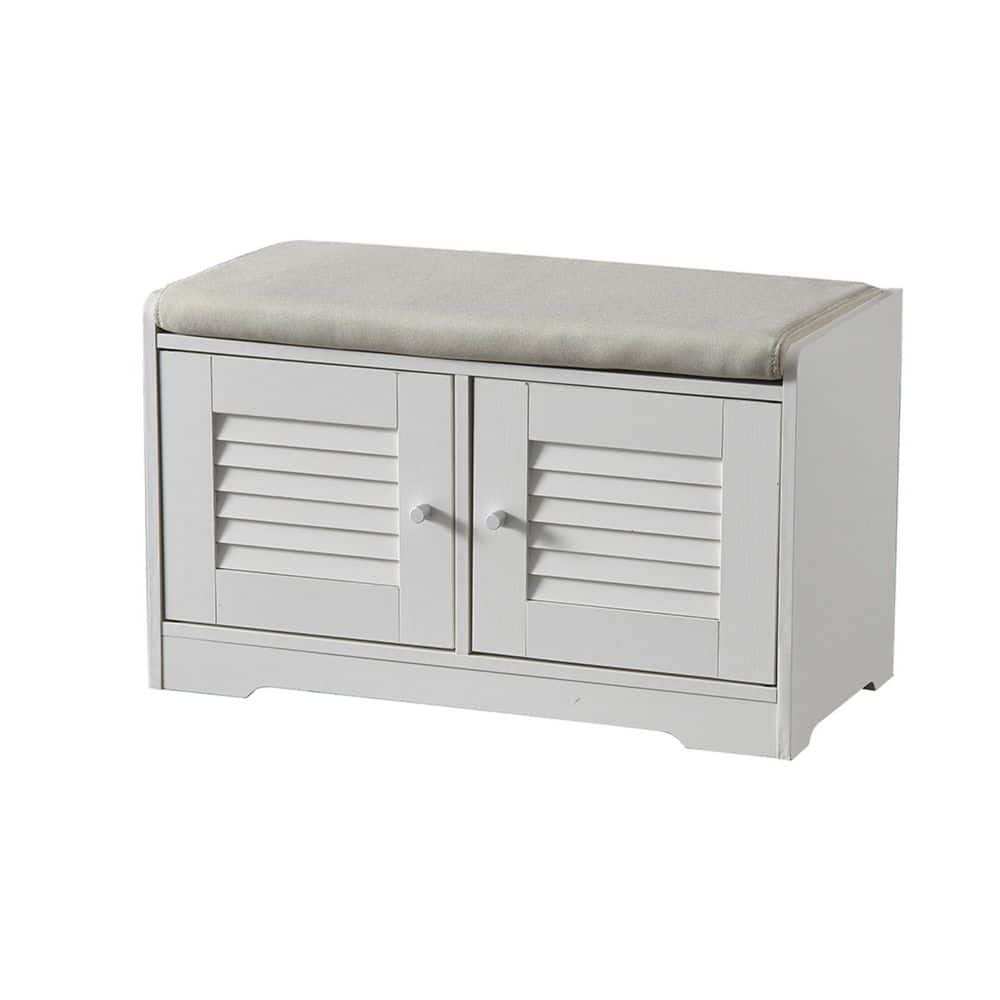 Yvonne 16.93 in. H x 28.74 in. W White Particle Board+MDF Shoe Storage Bench with Doors, Cushion, Adjustable Shelves