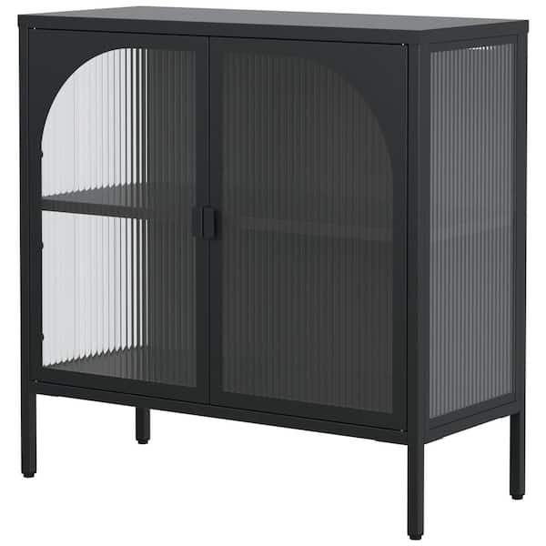 Unbranded Black Metal Pantry Organizer with 2-Glass doors and Adjustable Shelves