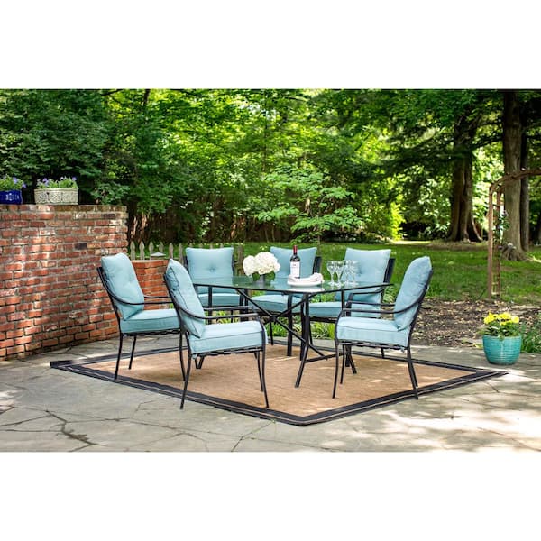 Hanover Lavallette Black Steel 7-Piece Outdoor Dining Set with Ocean Blue Cushions