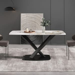 63 in. Pandora Pattern Rectangle Sintered Stone Top Pedestal Black Carbon Steel Base Dining Table (Seats 6)