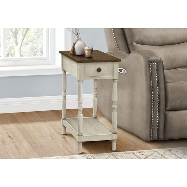 Unbranded 21.75 in. Antique White and Espresso Veneer Rectangle Top MDF End Table with 2 Tier and Storage Drawer