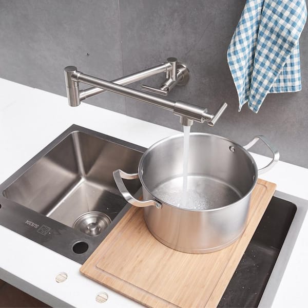 Brass Wall Mount Pot Filler in Brushed Nickel