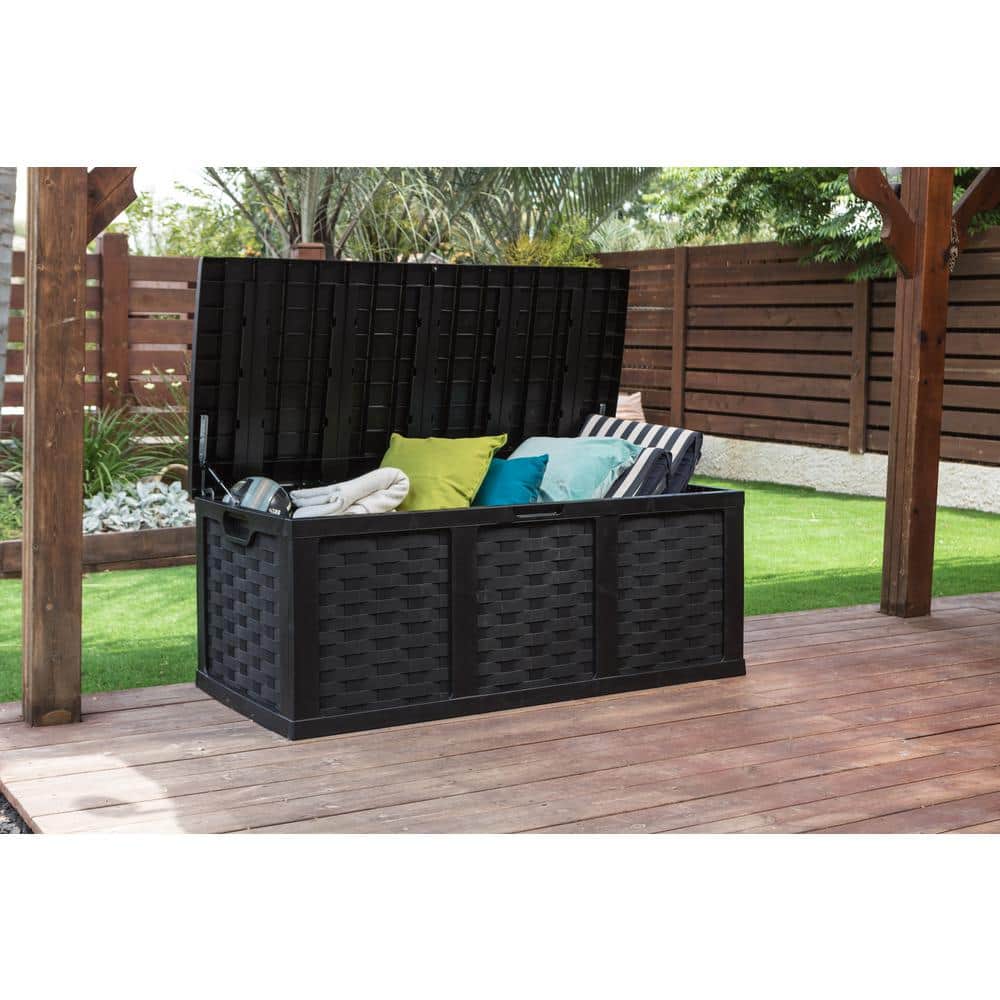 Black Wicker Plastic Lockable Deck Box with Wheels