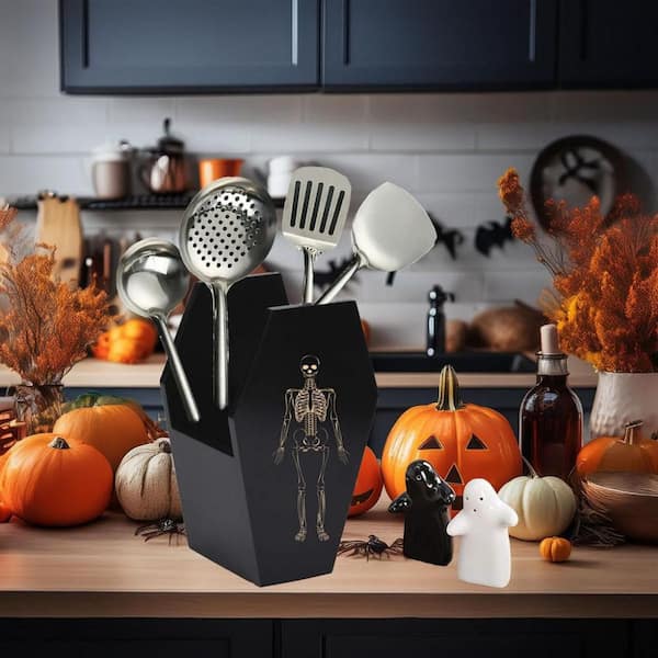 Black Solid Wood Goth Coffin Utensil Holder with Dual-Sided Laser-Etched Skeleton, Halloween Kitchen Decor for Spoons